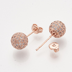 Rose Gold Brass Cubic Zirconia Stud Earrings, with Ear Nuts, Round, Clear, Rose Gold, 19.5x8mm, Pin: 0.7mm