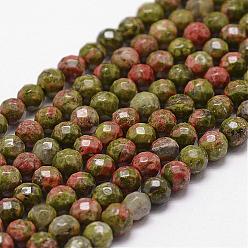 Unakita Perlas naturales unakite hebras, facetados, rondo, 4 mm, agujero: 1 mm, sobre 96 unidades / cadena, 14.9 pulgada ~ 15.1 pulgada