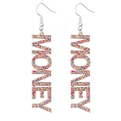 Colorful Bling Acrylic Word Money Dangle Earrings, Platinum Plated Iron Feminism Jewelry for Women, Colorful, 70mm