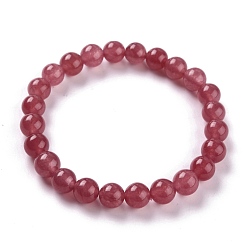 Cerise Dyed Natural Jade Beads Stretch Bracelets, Round, Cerise, Inner Diameter: 2-1/4 inch(5.7cm), Bead: 8~8.5mm