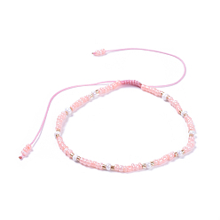 Pink Adjustable Nylon Thread Braided Beads Bracelets, with Glass Seed Beads and Glass Bugle Beads, Pink, 2 inch(5cm)
