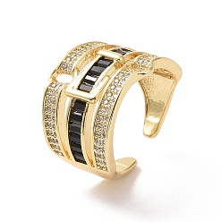 Black Cubic Zirconia Belt Buckle Shape Open Cuff Ring, Real 18K Gold Plated Brass Triple Line Wide Ring for Women, Cadmium Free & Nickel Free & Lead Free, Black, US Size 7 3/4(17.9mm)