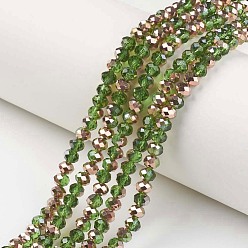 Lime Green Electroplate Transparent Glass Beads Strands, Half Copper Plated, Faceted, Rondelle, Lime Green, 3x2mm, Hole: 0.8mm, about 150~155pcs/strand, 15~16 inch(38~40cm)