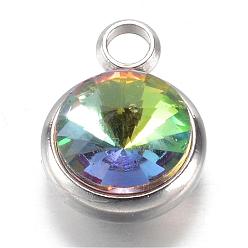 Colorful 304 Stainless Steel Glass Rhinestone Charms, Faceted, Flat Round, Colorful, 14x10x7mm, Hole: 2.5mm
