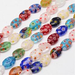 Coloré Main millefiori perles de verre brins, Ovale Plat, colorées, 12x8x3.5~4mm, Trou: 1mm, Environ 33~34 pcs/chapelet, 15.3 pouce