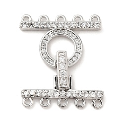 Platinum Rack Plating Brass Micro Pave Clear Cubic Zirconia Fold Over Clasps, Long-Lasting Plated, Ring, 5-Strand, 10-Hole, Platinum, Round: 12.5x18.2mm, Hole: 1mm, Clasp: 7x18x2mm