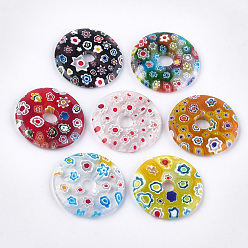 Mixed Color Handmade Millefiori Lampwork Pendants, Donut/Pi Disc, Mixed Color, Donut Width: 17.5~18.3mm, 44.5~45x6mm, Hole: 8~10mm
