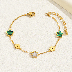 Green Shell Flower Link Chain Bracelets, Real 18K Gold Plated Stainless Steel Chains Bracelets for Women, Green, 6-1/4 inch(16cm)