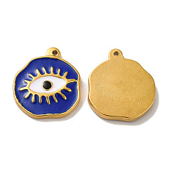 Blue Ion Plating(IP) 304 Stainless Steel Charms, with Enamel, Flat Round with Evil Eye, Real 18K Gold Plated, Blue, 21x18.5x2.5mm, Hole: 1.4mm