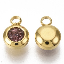 Light Amethyst Rhinestone Charms, June Birthstone Charms, with 201 Stainless Steel, Flat Round, Golden, Light Amethyst, 9x6.5x4mm, Hole: 1.8mm