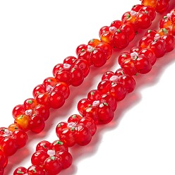 Red Handmade Lampwork Beads Strands, Bumpy, Flower, Red, 13.5~14x14.5~15x7~8mm, Hole: 1.4mm, about 28pcs/strand, 14.57 inch(37cm)