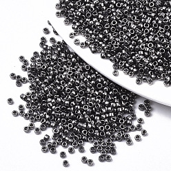 Negro Plateado Granos de la semilla de cristal electrochapa, apto para bordado a máquina, colores metálicos, rondo, negro chapado, 2.5x1.5 mm, agujero: 1 mm, sobre 20000 unidades / bolsa