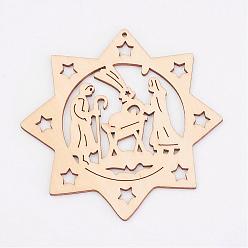 Antique White Undyed Wooden Pendant, Eight Pointed Star, For Christmas Theme, Antique White, 99.5x3mm, Hole: 2mm