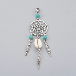Turquoise Synthetic Turquoise Alloy Woven Net/Web with Feather Pendant Decorations, with Cowrie Shell and 304 Stainless Steel Lobster Claw Clasps, Turquoise, 110mm