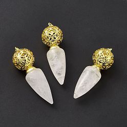 Quartz Crystal Natural Quartz Crystal Big Pendants, Rock Crystal, Cone Charms with Rack Plating Brass Hollow Ball, Golden, Cadmium Free & Lead Free, 57~58x17.5~18mm, Hole: 8x5mm