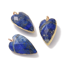 Lapis Lazuli Naturelles lapis-lazuli pendentifs, breloques en coeur à facettes, avec boucles de bord en laiton plaqué or, 22.5x13x7.5mm, Trou: 3mm