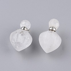 Quartz Crystal Faceted Natural Quartz Crystal Openable Perfume Bottle Pendants, Rock Crystal, with 304 Stainless Steel Findings, Peach Shape, Stainless Steel Color, 35~36x18~18.5x21~21.5mm, Hole: 1.8mm, Bottle Capacity: 1ml(0.034 fl. oz)