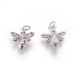 Platinum Brass Micro Pave Cubic Zirconia Charms, Bees, Colorful, Platinum, 13.5x14~14.5x3.5mm, Hole: 3mm
