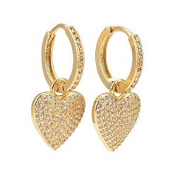 Clear Cubic Zirconia Heart Dangle Hoop Earrings, Real 18K Gold Plated Brass Jewelry for Women, Lead Free & Cadmium Free, Clear, 27mm, Pin: 1mm