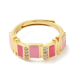 Pink Enamel Rectangle Adjustable Ring with Cubic Zirconia, Real 18K Gold Plated Brass Ring, Cadmium Free & Lead Free, Pink, US Size 6(16.5mm)