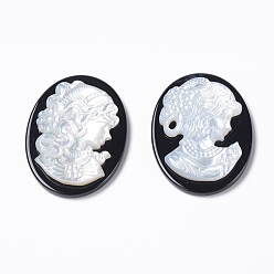Black Agate Natural Black Agate Cameo Cabochons, with Shell, Oval with Women Portrait, White, 30x22x4~4.5mm