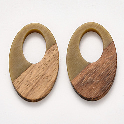 Dark Khaki Resin & Walnut Wood Pendants, Waxed, Oval, Dark Khaki, 35.5x21.5x3~4mm, Hole: 16x10mm