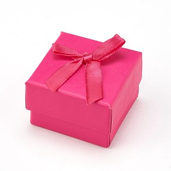 Deep Pink Cardboard Jewelry Earring Boxes, with Ribbon Bowknot and Black Sponge, for Jewelry Gift Packaging, Square, Deep Pink, 5x5x3.5cm