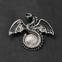 Quartz Crystal Natural Quartz Crystal Big Pendants, Rock Crystal, Dragon Charms, with Rack Plating Antique Silver Tone Alloy Findings, Cadmium Free & Lead Free, 49x56x12mm, Hole: 6~6.5mm