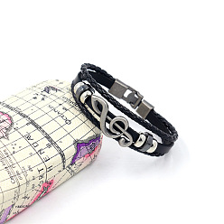 Noir Bracelet multi-rangs triple couche tressé en cuir de vachette, Bracelet de perles en alliage de note de musique pour hommes femmes, noir, 8-1/4 pouce (21 cm)
