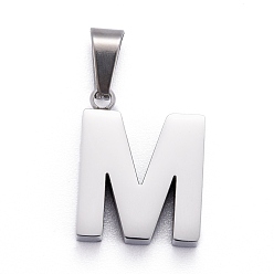Letter M 304 Stainless Steel Letter Pendants, Manual Polishing, Alphabet, Stainless Steel Color, Letter.M, 18.5x14.3x3.5mm, Hole: 7x3.5mm