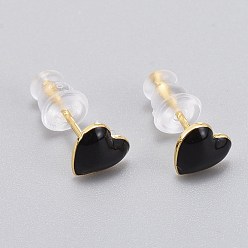 Negro Pendientes de esmalte de latón, con las tuercas de plástico del oído, larga duración plateado, corazón, real 18 k chapado en oro, negro, 6x6.5 mm, pin: 1 mm