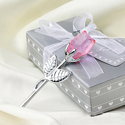 Perlas de Color Rosa Rosa de cristal con rama de flores de varilla de metal., para regalo de boda regalo del día de san valentín, Platino, rosa perla, 90x30x20 mm
