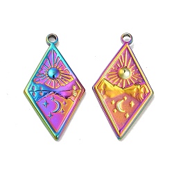 Rainbow Color Ion Plating(IP) 304 Stainless Steel Pendants, Rhombus with Sun & Star Charm, Rainbow Color, 25.5x14x2mm, Hole: 1.6mm