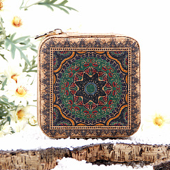 Flower Ethnic Portable Printed Square Cork Wood Jewelry Packaging Zipper Box for Necklaces Earrings Storage, Flower, 12x12x5cm