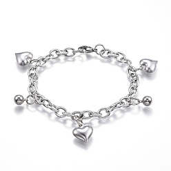 Stainless Steel Color 304 Stainless Steel Charm Bracelets, Heart, Stainless Steel Color, 7-1/2 inch(190mm)x6mm
