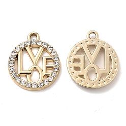 Golden UV Plating Alloy Pendants, with Crystal Rhinestone, Flat Round with Word Love Charms, Golden, 19x16x2mm, Hole: 2x1.7mm