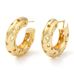 Real 18K Gold Plated Rack Plating Brass Round with Heart Stud Earrings, Half Hoop Earrings, Cadmium Free & Lead Free, Real 18K Gold Plated, 30.5x10mm