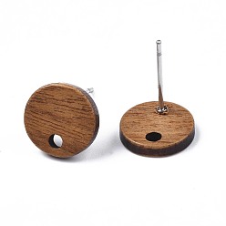 Coconut Brown Walnut Wood Stud Earring Findings, with 304 Stainless Steel Pin, Flat Round, 10mm, Hole: 2mm, Pin: 0.7mm