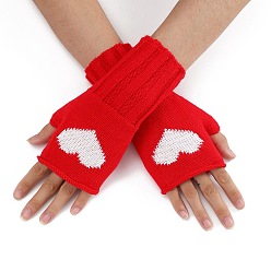 Red Acrylic Fiber Yarn Knitting Fingerless Gloves, Two Tone Heart Pattern Winter Warm Gloves with Thumb Hole, Red, 200x85mm