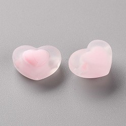 Pink Transparent Acrylic Beads, Frosted, Bead in Bead, Heart, Pink, 13x17x9.5mm, Hole: 2.5mm, about 420pcs/500g