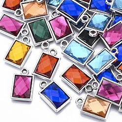 Platinum UV Plating Acrylic Pendants, with Acrylic Rhinestone, Faceted, Rectangle, Mixed Color, Platinum, 21x13x5mm, Hole: 2mm