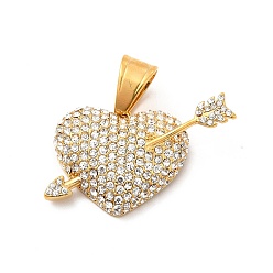 Oro 304 colgantes de acero inoxidable, con diamantes de imitación de cristal, encantos de corazón y flecha, dorado, 21x37x7 mm, agujero: 10x7 mm