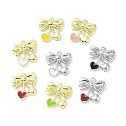Mixed Color Rack Plating Alloy Enamel Pendants, Bowknot with Heart Charms, Mixed Color, 19.5x19x3.5mm, Hole: 2mm