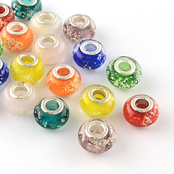 Mixed Color Glow In The Dark Handmade Luminous Style Lampwork Large Hole European Beads, with Silver Color Plated Brass Cores, Rondelle, Mixed Color, 14x9~10mm, Hole: 5mm