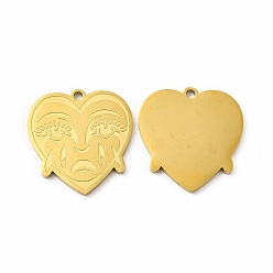Oro Revestimiento iónico (ip) 304 colgantes de acero inoxidable, encantos del corazón de la cara que llora, dorado, 20x19x1.4 mm, agujero: 1.5 mm