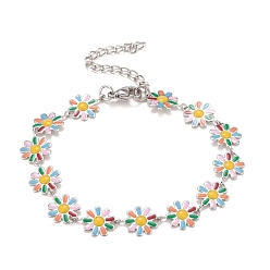 Green Enamel Daisy Link Chains Bracelet, 304 Stainless Steel Jewelry for Women, Stainless Steel Color, Colorful, 7-1/4 inch(18.4cm)