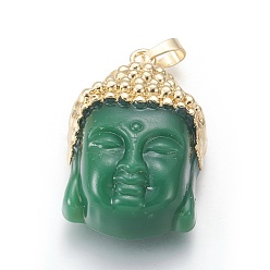 Green Glass Pendants, with Brass Findings, Buddha Head, Golden, Green, 40x26.5x16.5mm, Hole: 5x8mm
