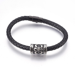 Leather Men's Braided Leather Cord Bracelets, with Stainless Steel Findings and Magnetic Clasps, Column, 8-3/8 inch(21.3cm), 6mm
