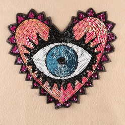 Pourpre Tissu de broderie informatisé coudre sur des patchs, accessoires de costumes, appliques paillette, coeur avec des yeux, fuchsia, 31x35 cm