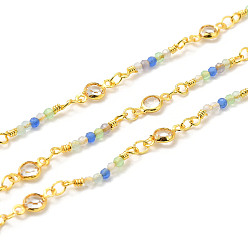 Real 18K Gold Plated Brass Handmade Beaded Chains, with Glass & Cat Eye Beads, with Spool, Unwelded, Real 18K Gold Plated, 10~19x3~4.5x2mm, about 32.81 Feet(10m)/Roll